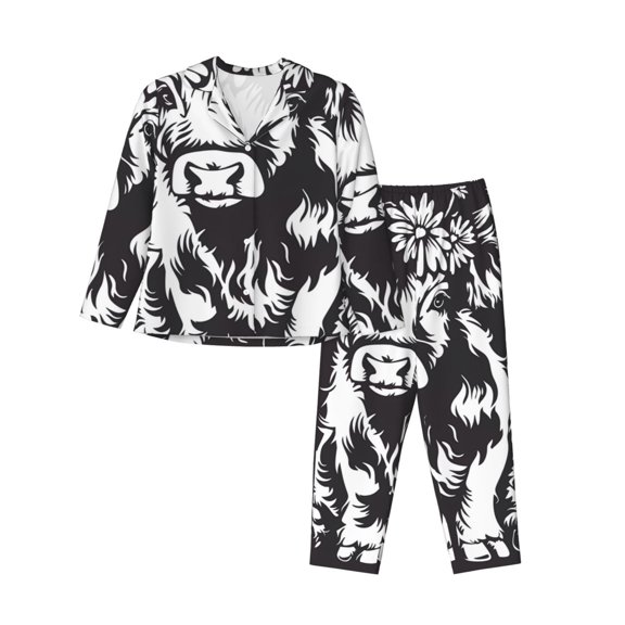 Vsdgher Floral Cow Silhouette Pajamas Set Long Sleeve Sleepwear Womens Button Down Nightwear Pj Sets-Small