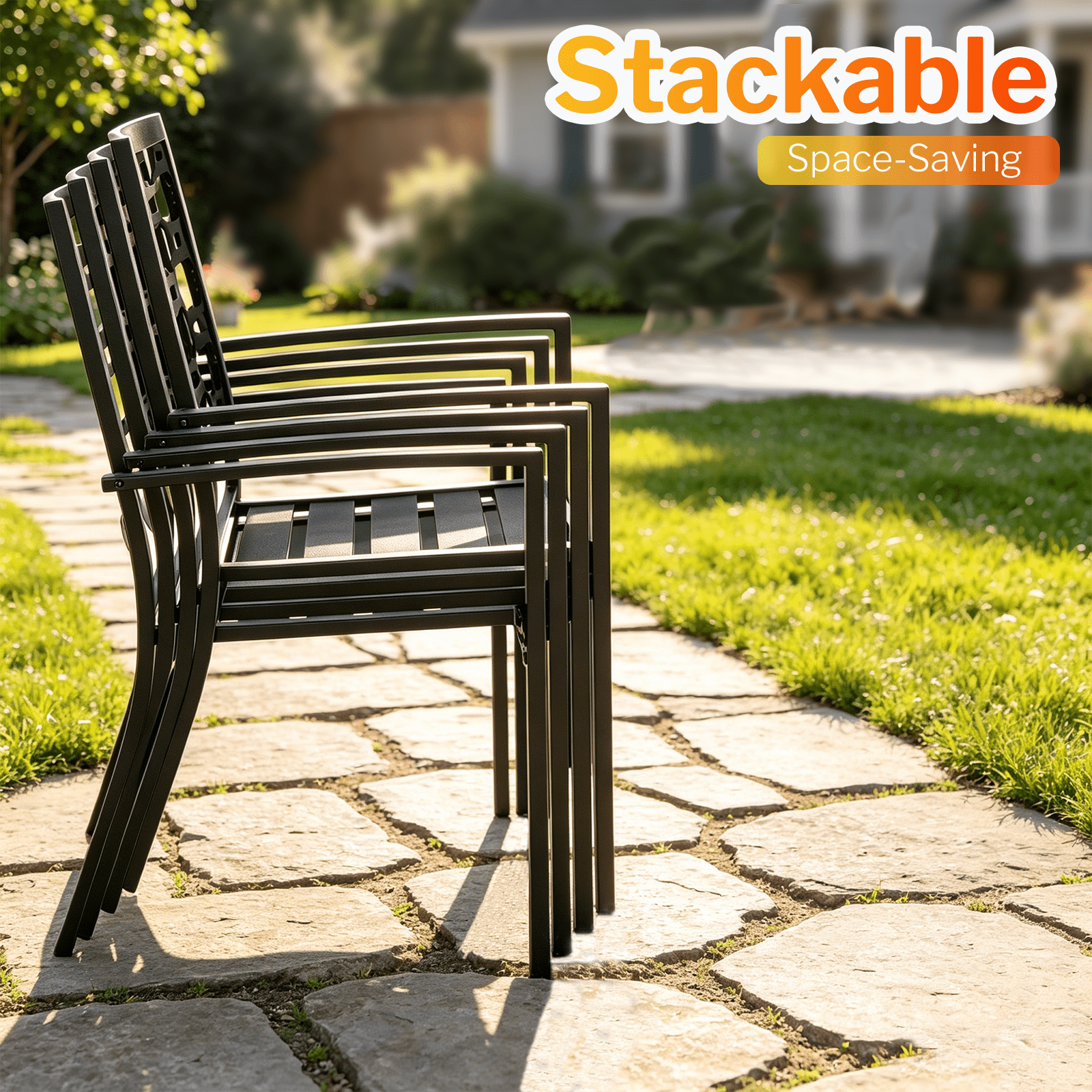 Stackable Outdoor Patio Chairs Set of 2, Black Wrought Iron Metal Outdoor Dining Chairs 450LBS, High Back Heavy Duty Durable  Outdoor Bistro Chair for Outside, Lawn, Backyard, Deck, Exterior, Porch