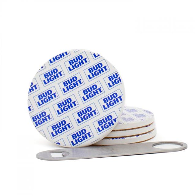 Bud Light 849070 Ensemble de Sous-Verres Logo Bud Light avec Ouvre-Bouteille - 4 Pièces