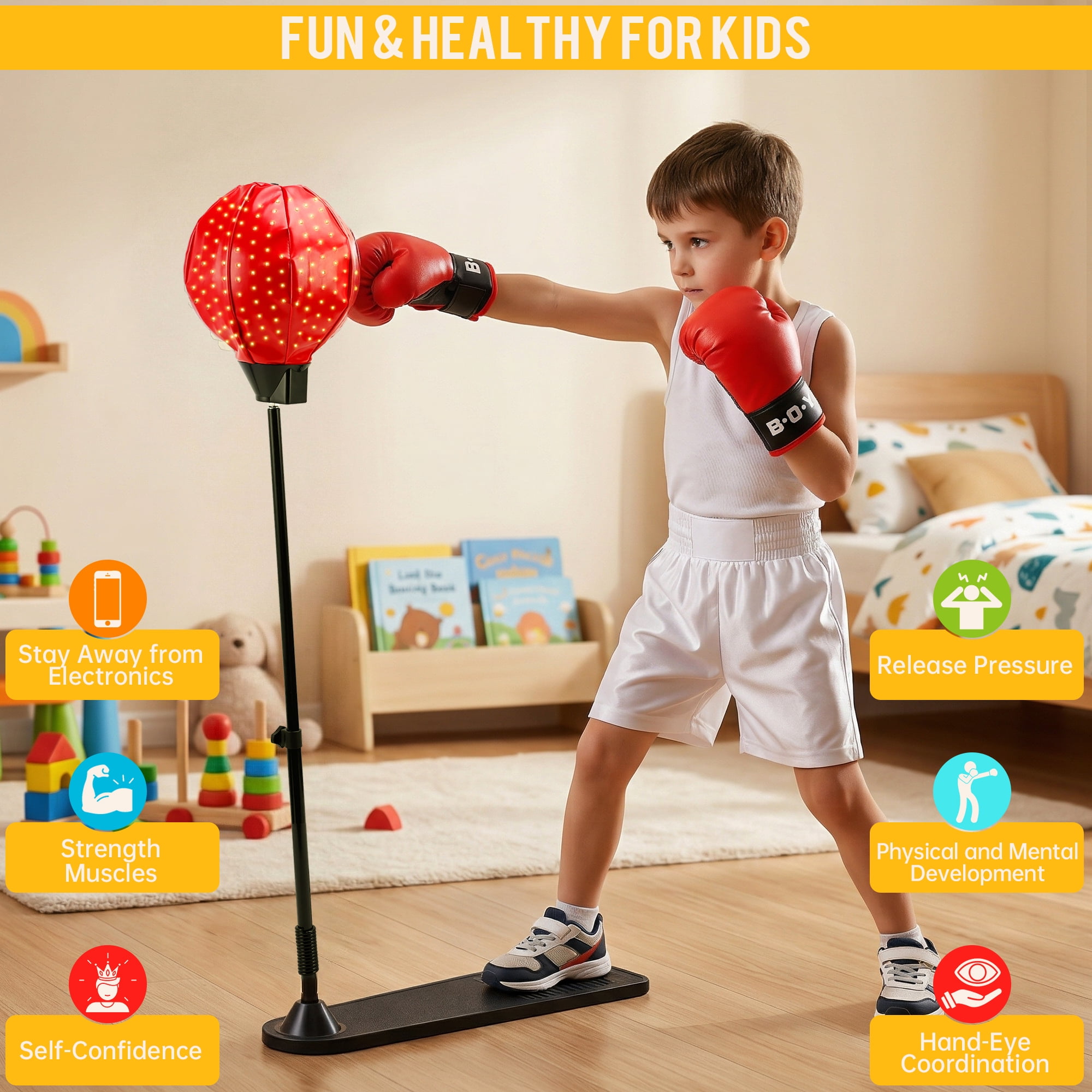 Lighting Punching Bag for Kids, Height Adjustable Punching Bag Stand with Boxing Gloves for Teens Children Boys & Girls Age 8+ Years Old, Kids Workout Equipment for Christmas Birthday
