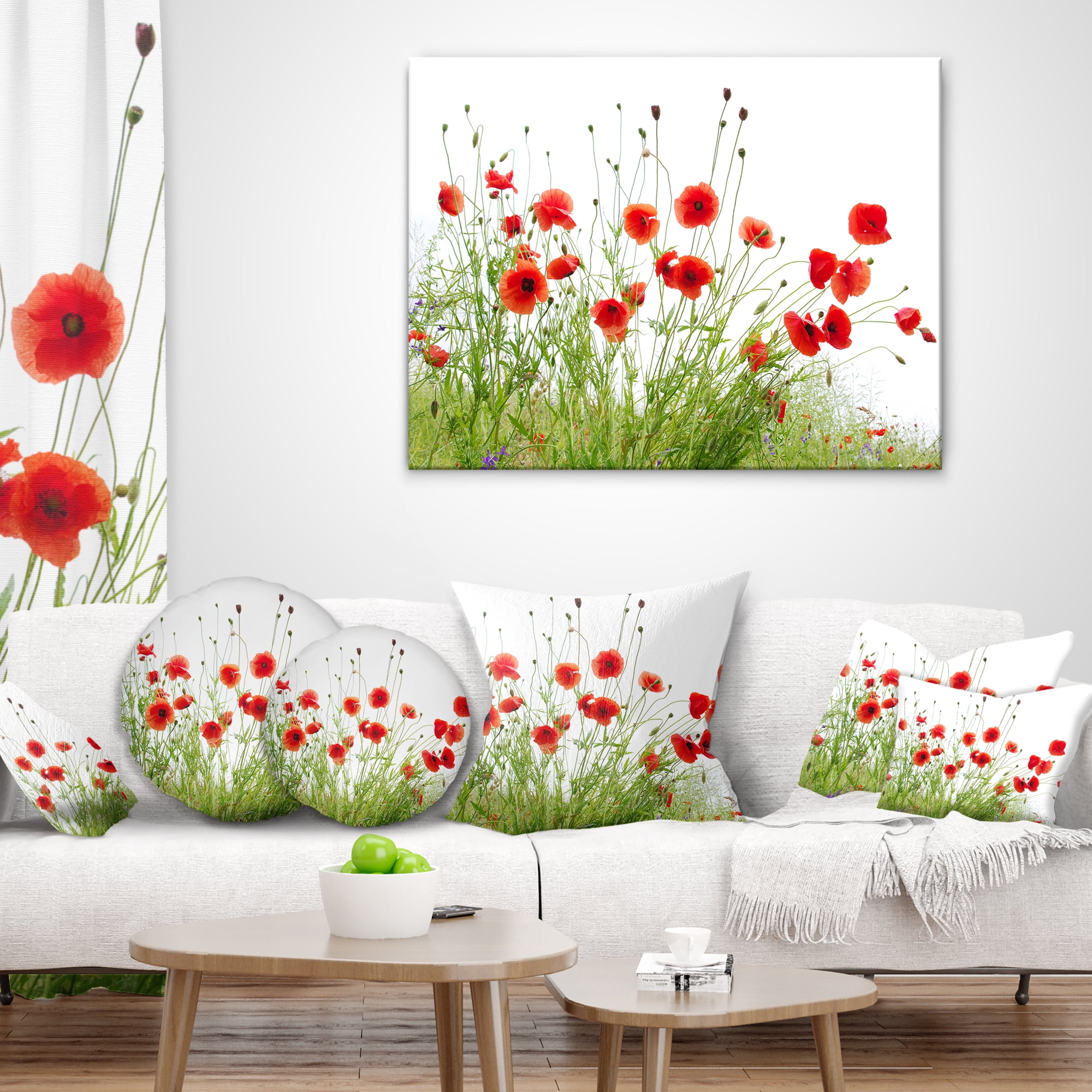 Designart Poppies on White Background - Floral Throw Pillow - 16x16