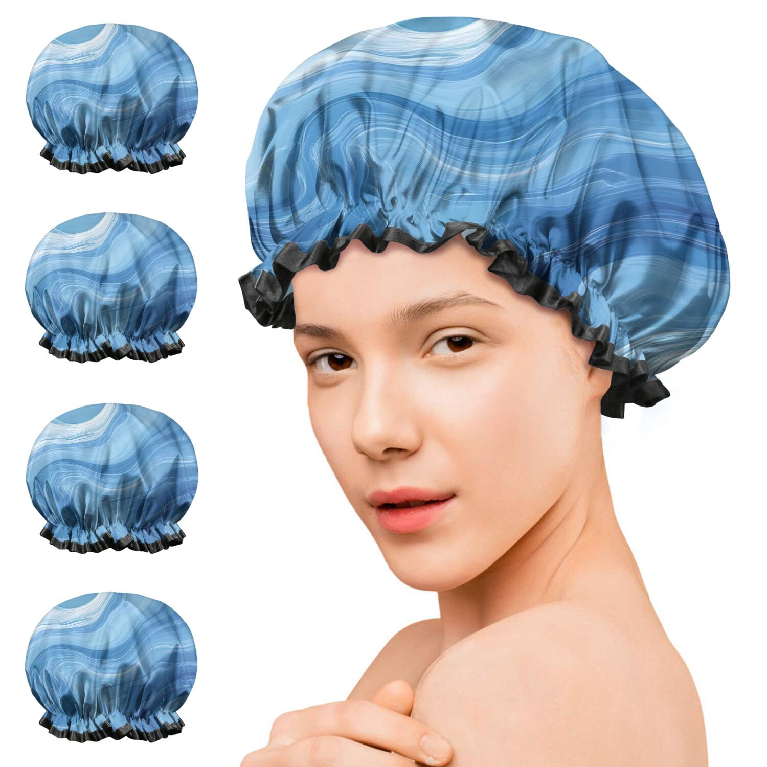 Shower Caps,Blue White Tie Dye Swirl Pattern Waterproof Shower Cap for Women 4 Pieces,Double Reusable Hair Cover for Shower PEVA Elastic Stretch Hem