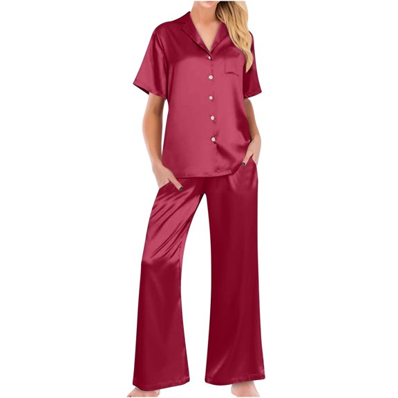 BLVB Women's Silk Satin Pajamas 2 Piece Outfits Short Sleeve Button down Shirt and Wide Leg Pants Sets Sleepwear Pjs