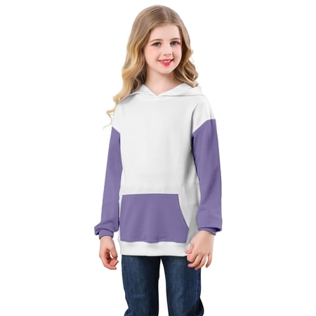 GiLiling Kids Girls Button Collar Hooded Pullover Colorblock Long Sleeve Loose Fit Sweatshirt Casual Drop Shoulder Lightweight Top with Pocket (Dark Purple 2-3 years)