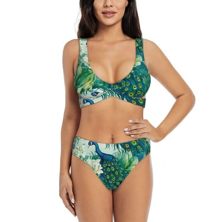 Zeuib Peacock And Flowers High Waisted Tummy Control Bikini Set - Knot Front Push Up Top & Cheeky Thong Bottom  Two-Piece Swimsuit for Women-XX-Large