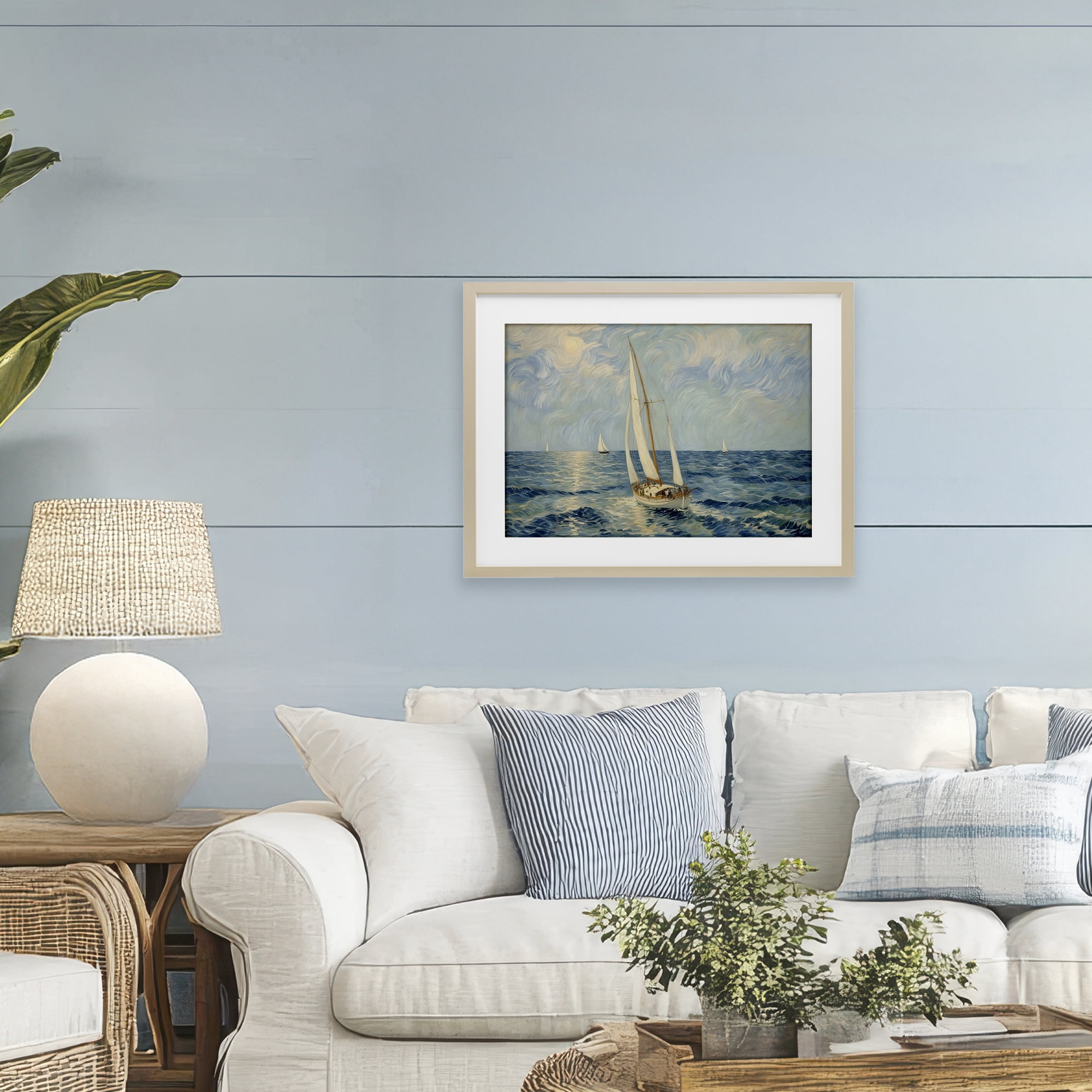 Stupell Industries Sailing Yacht on Blue Sea Birch Framed Print Under Glass, design by Angie Hawke