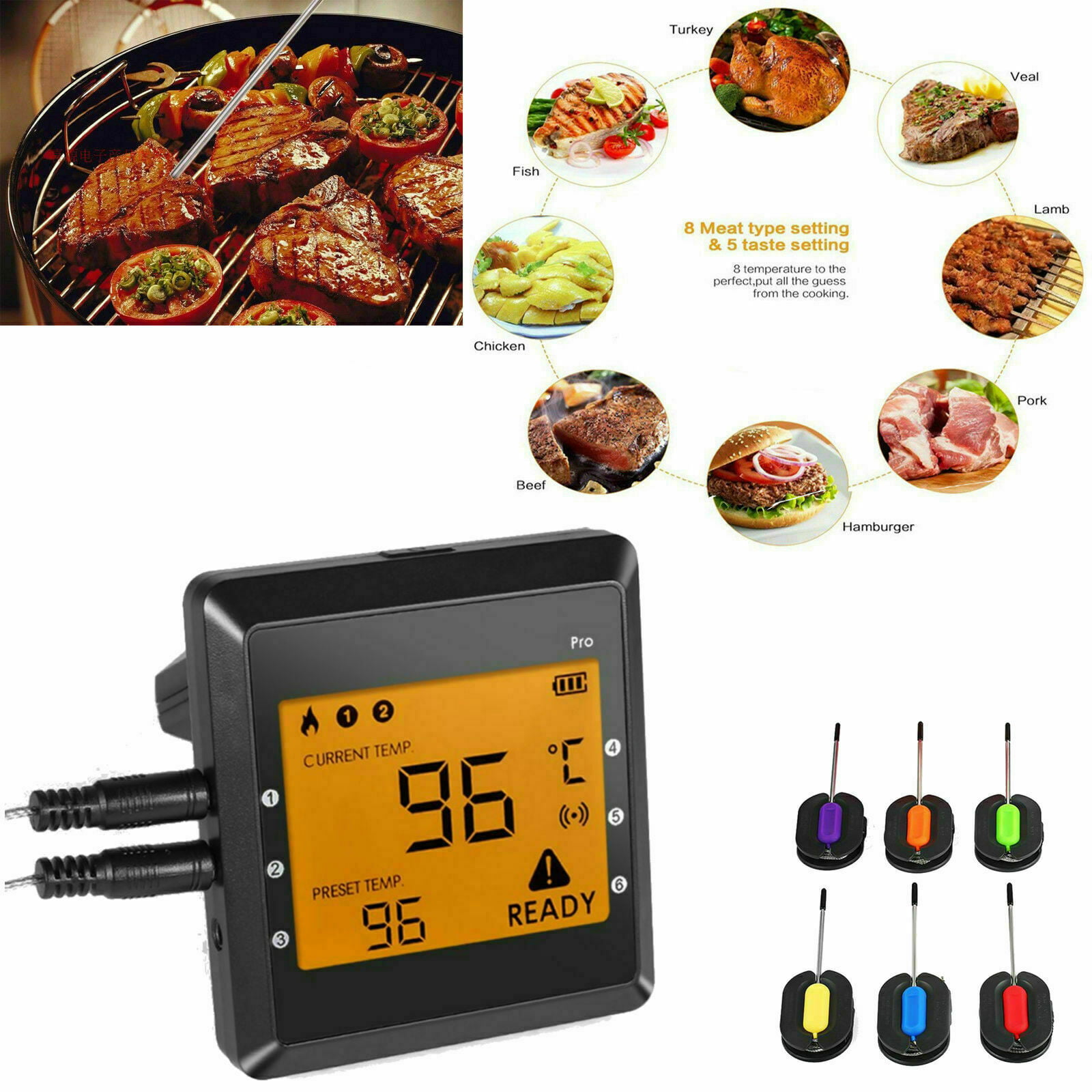Alarm Monitor Cooking Thermometer for Barbecue Oven Kitchen Wireless Meat Thermometer for Grilling Support iOS & Android Bluetooth Meat Thermometer Digital BBQ Cooking Thermometer with 6 Probes