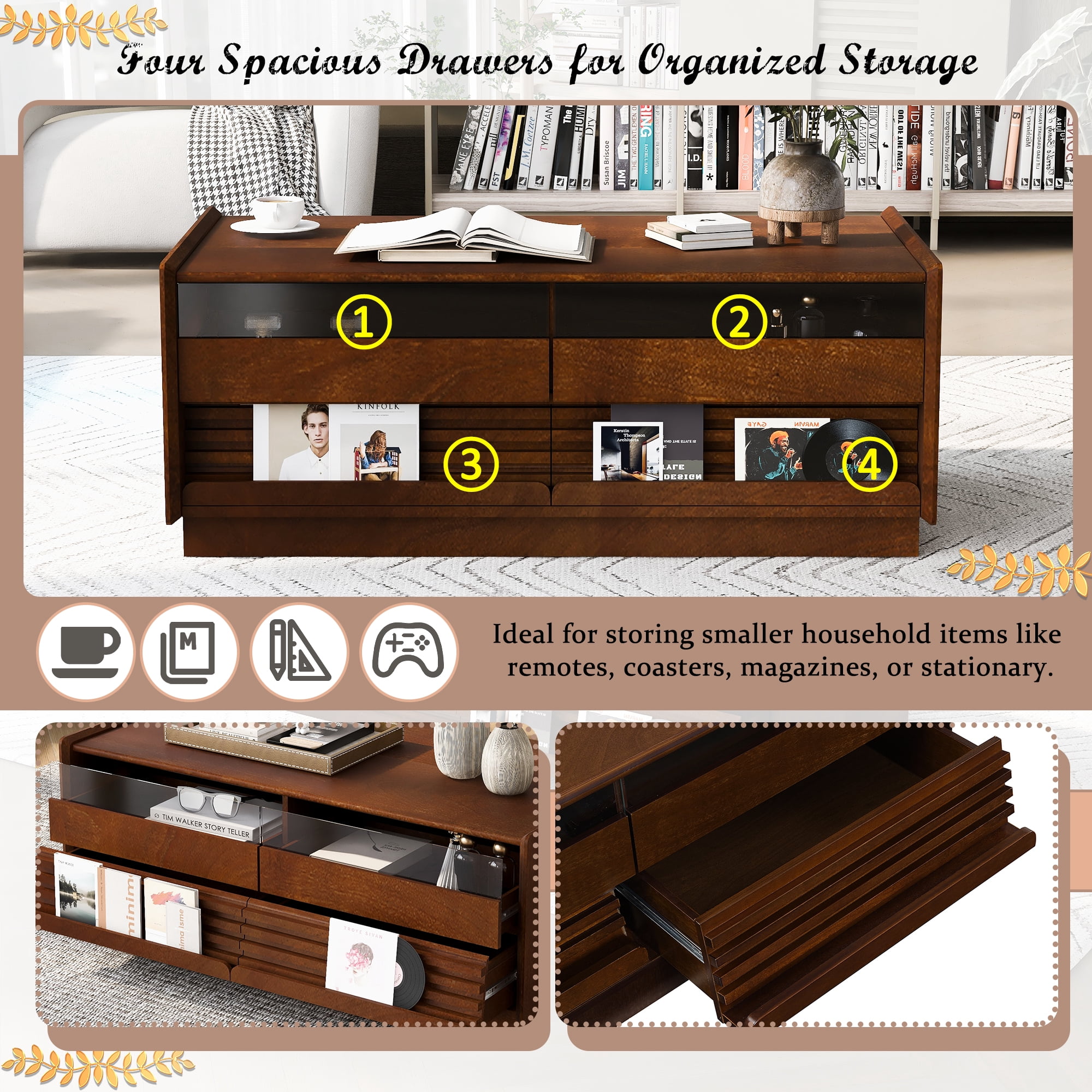 Euroco Vintage-Style Coffee Table with 4 Drawers and Open Shelves, Tempered Glass Drawer Fronts, MDF Wood Frame – Modern Living Room Storage Table, Easy Assembly