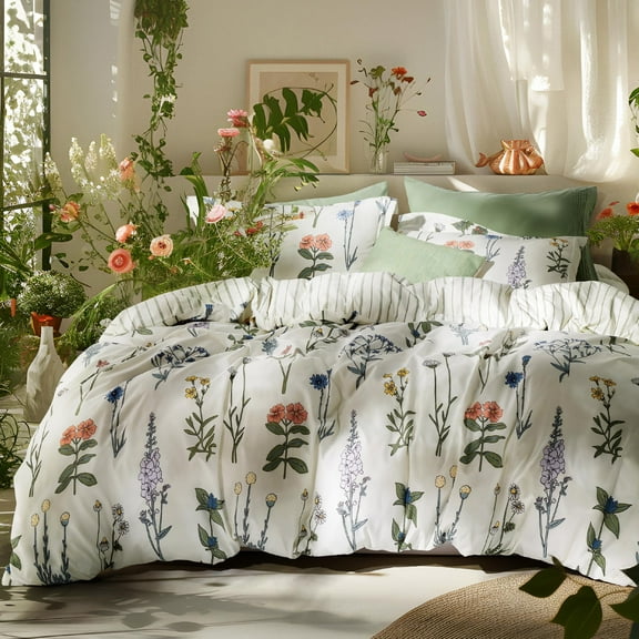 Floral Print Comforter Set Queen Size, Botanical Flowers Bedding with Pillow Shams, Ultra Soft Microfiber for Platform Beds, White