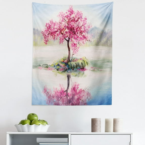 Sakura Tapestry, Image Blooming Japanese Cherry Tree Sakura on the Lake Soft Romantic Culture Print, Fabric Wall Hanging Decor for Bedroom Living Room Dorm, 5 Sizes, Multicolor, by Ambesonne