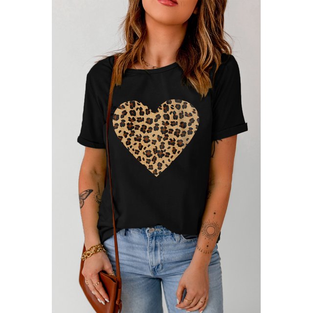 ABPHQTO Camiseta de manga corta de San Valentín con estampado de corazón de leopardo negro para mujer