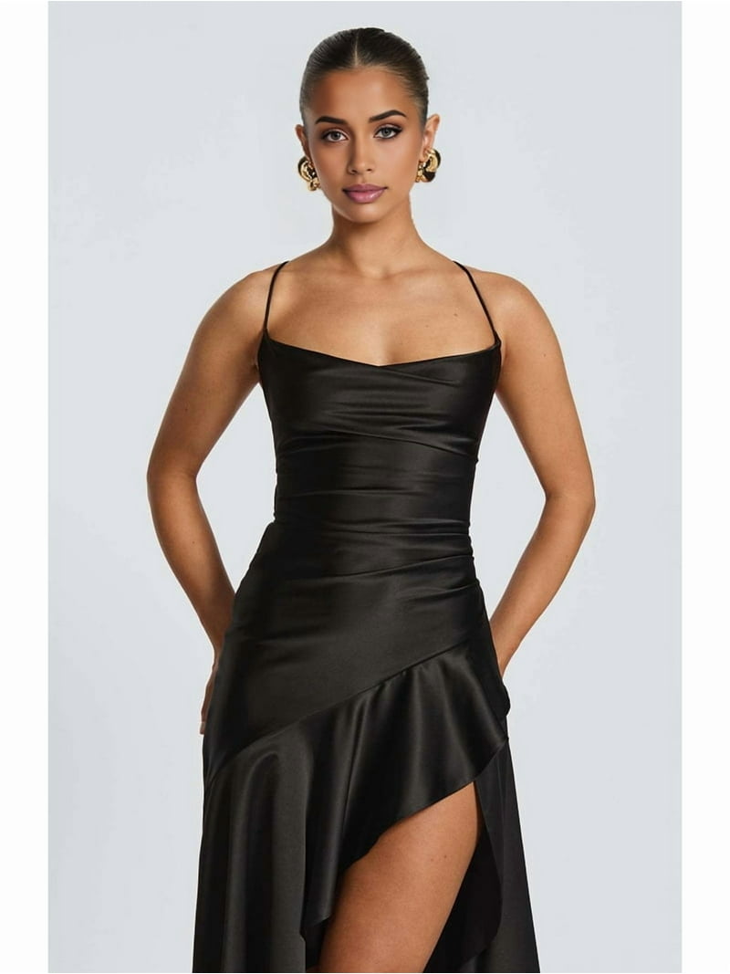 Women'S V-Neck Sleeveless Satin Ruffle Hem Tight Long Casual Open