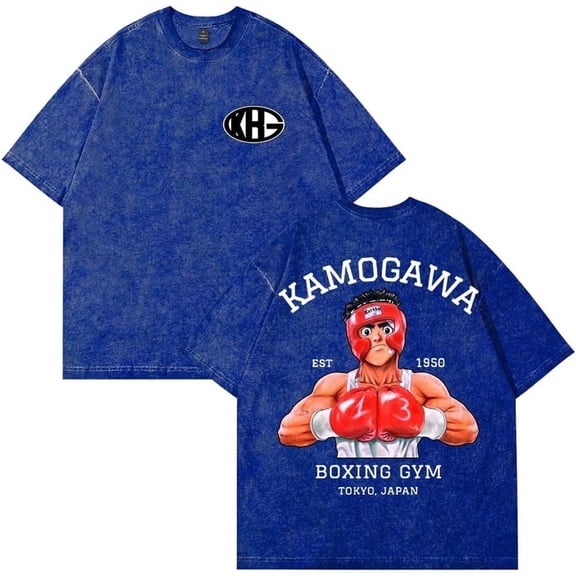 Hajime No Ippo Kamogawa Boxing Gym T-shirt Anime Printed Retro Distressed Wash Denim Short Sleeved T-shirt