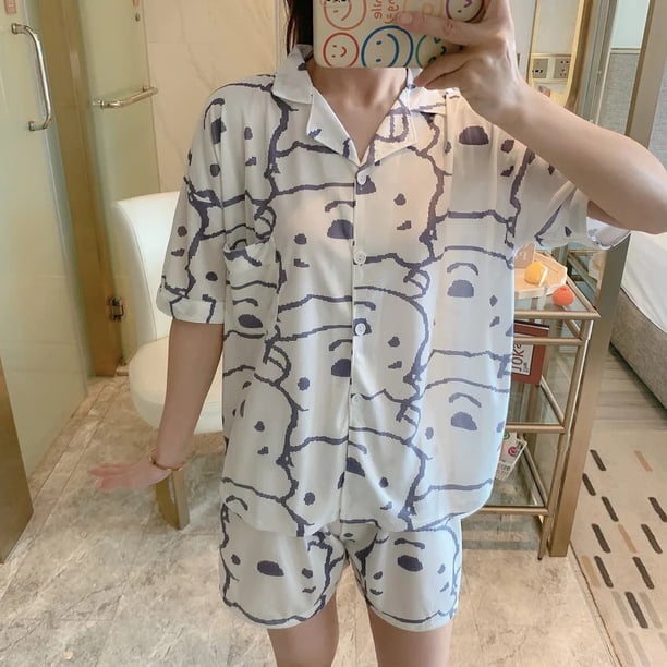 Novedad de verano, ropa de dormir para mujer, pantalones cortos de manga corta, conjunto de dos piezas a cuadros, ropa bonita para el hogar, cárdigan de estilo coreano