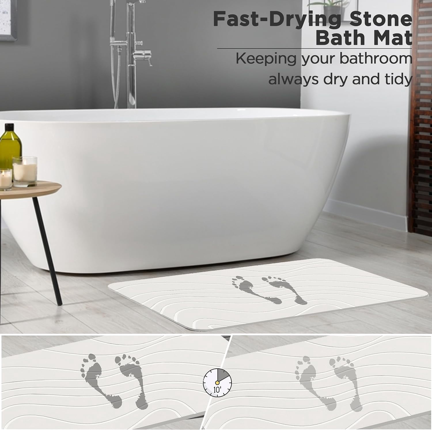 HBlife Stone Bath Mat, Diatomaceous Earth Bath Mat Bathmat, Non Slip Super Absorbent Quick Drying Diatomite Stone Bath Shower Mat for Bathroom, 23" x 15", White