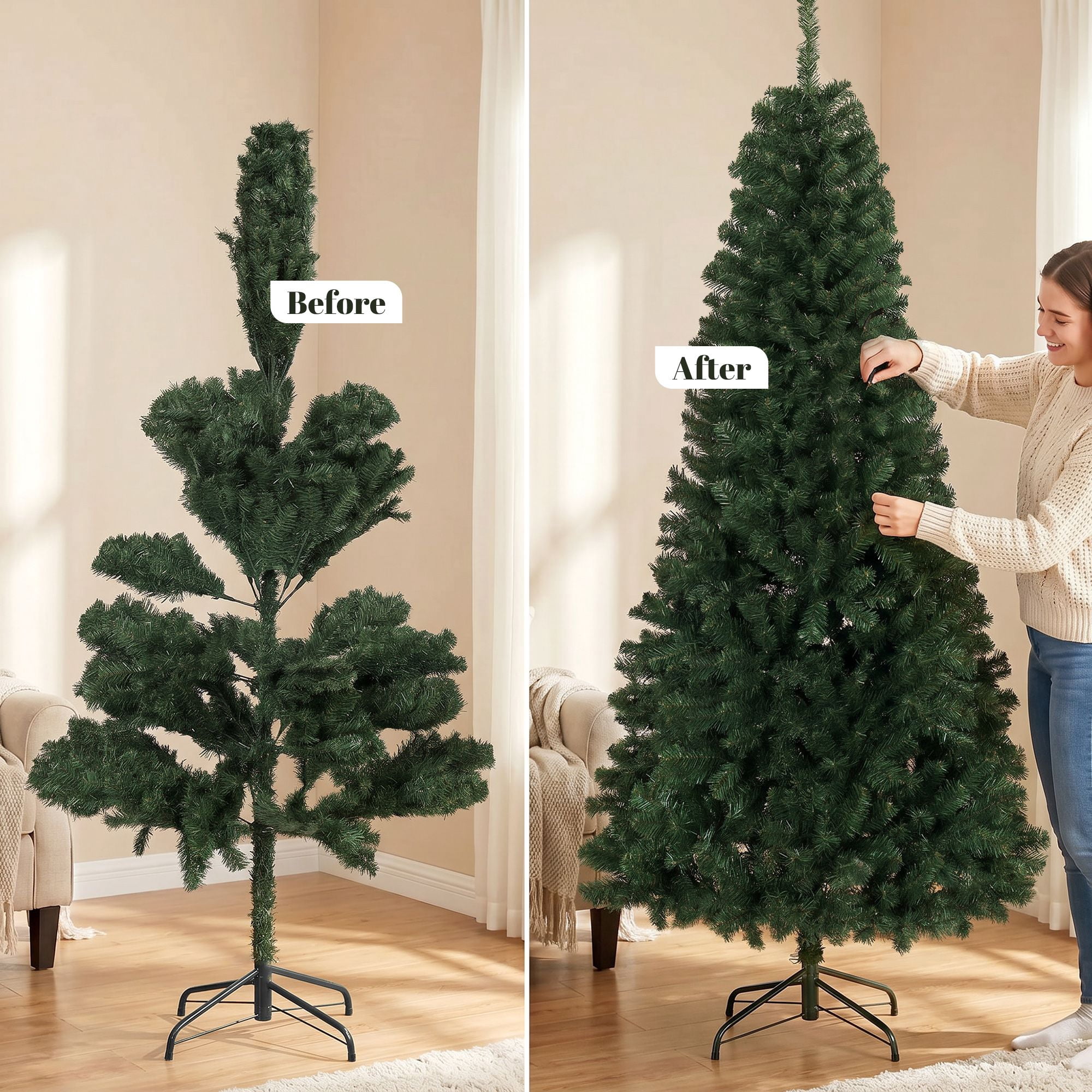 7.5 ft Artificial Christmas Tree, Norway Spruce with 1388 Branch Tips, Hinged Setup, Flame-Retardant, Metal Stand, 45 in Wide, for Living Room and Entryway