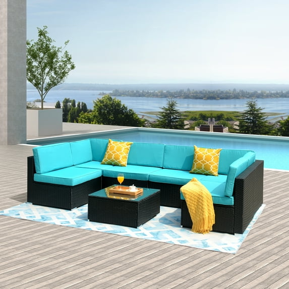 Patio Garden Dining Set Seats 7-Piece, SEGMART Wicker Conversation Sofa Sets for Patio & Garden w/Corner Sofa, 2 Pillows, Glass Table, 2 Middle Sofa, Single Sofa, Padded Cushions Garden, S7469