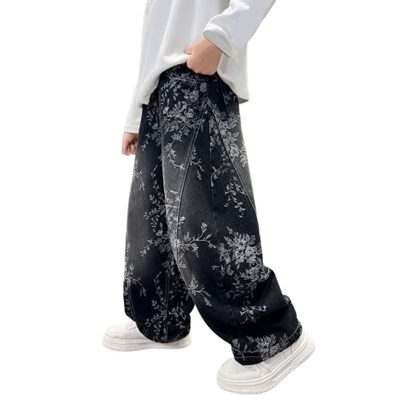 DHFJKG Baggy Jeans For Boy Wide Leg Loose Fit Floral Denim Pants With Pockets For Kids Teens 4-16 Years Casual Wear Soft Trousers