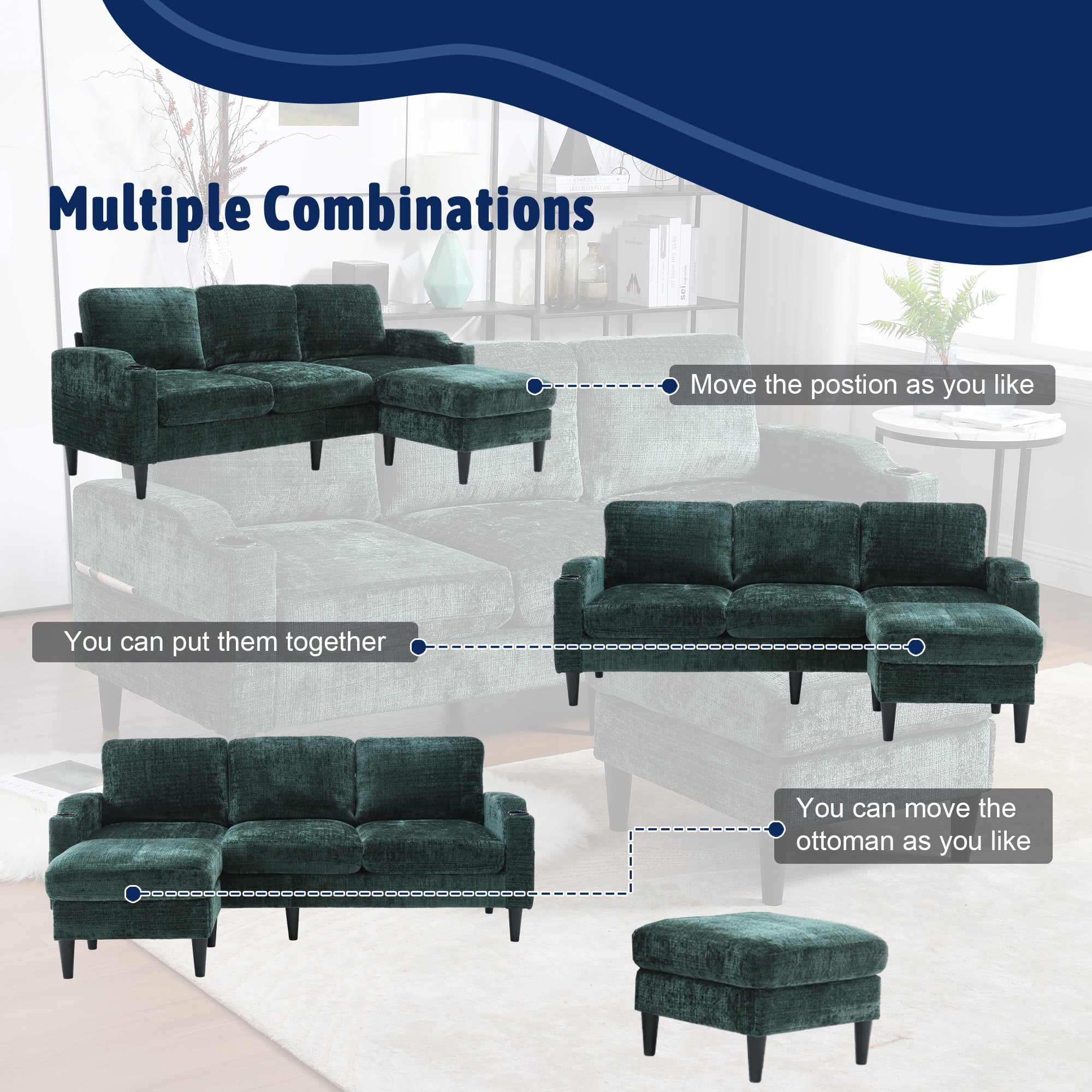 MOONMISS Chenille Upholstered L-Shaped Living Room Sofa with Storage Ottoman-Emerald