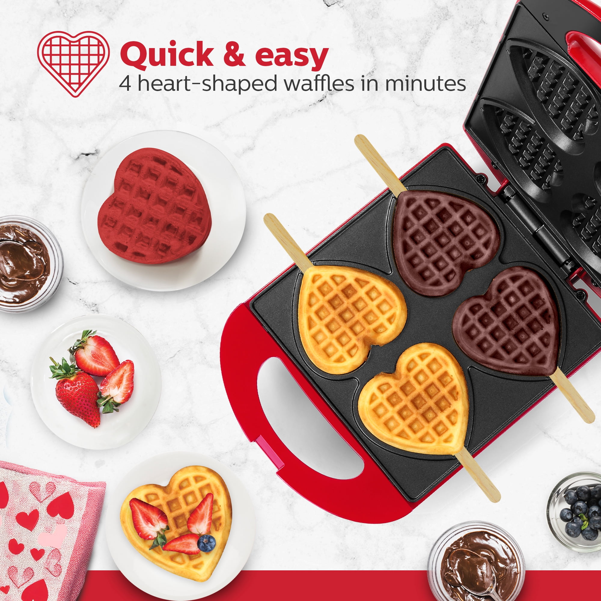 Holstein Housewares 4-Section Heart Shaped Waffle Maker, Red