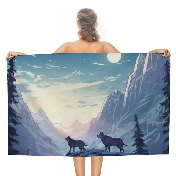 Howling Wolf Full Moon Microfiber Beach Towel Lightweight 63''x32'' Oversized Extra Large Towels Quick Dry for Travel Pool Yoga Gym Sports Accessories Vacation Essential
