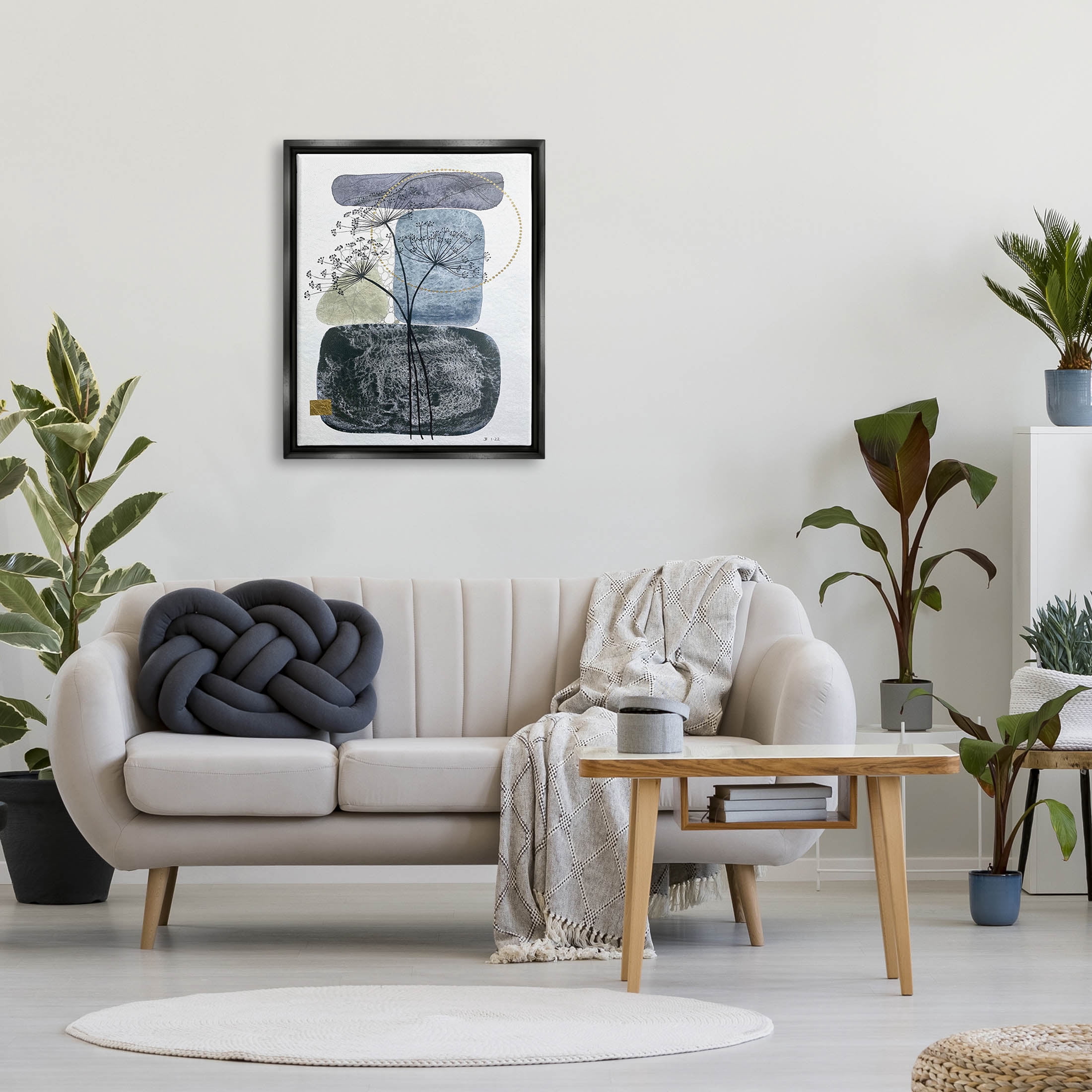 Modern Layered Botanical Pebbles Abstract Graphic Art Jet Black Framed Art Print Wall Art