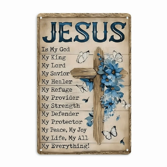 Wllo0ord 2D Flat, 12x8 Inch Christian Metal Wall Art Sign with Jesus Christ Attributes & Cross Design - Rustic Blue Floral Butterflies Decor, Durable Tinplate Inspirational Religious Quotes