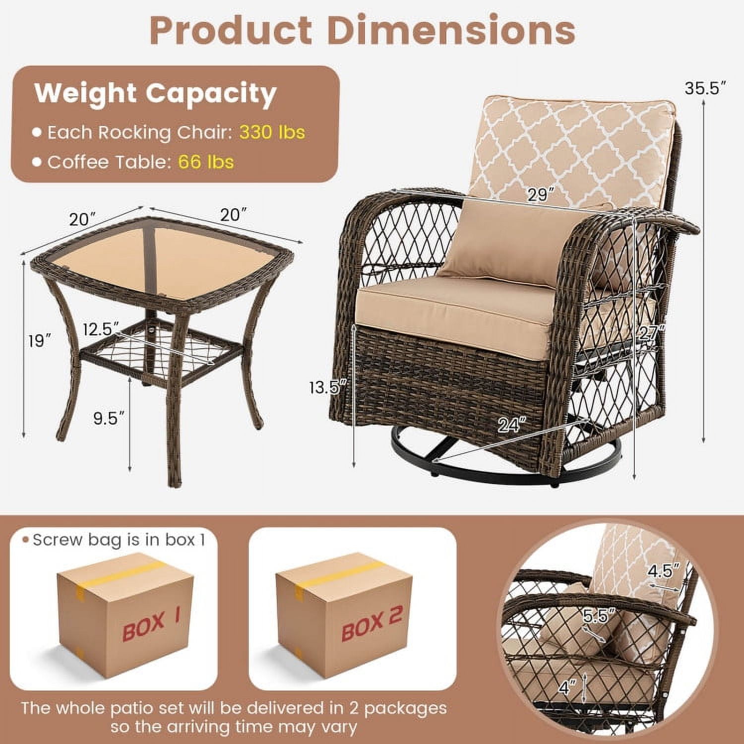 Aimee Lii 3 Pieces Outdoor Wicker Conversation Set with Tempered Glass Coffee Table, Patio Sectional Furniture Set, Beige