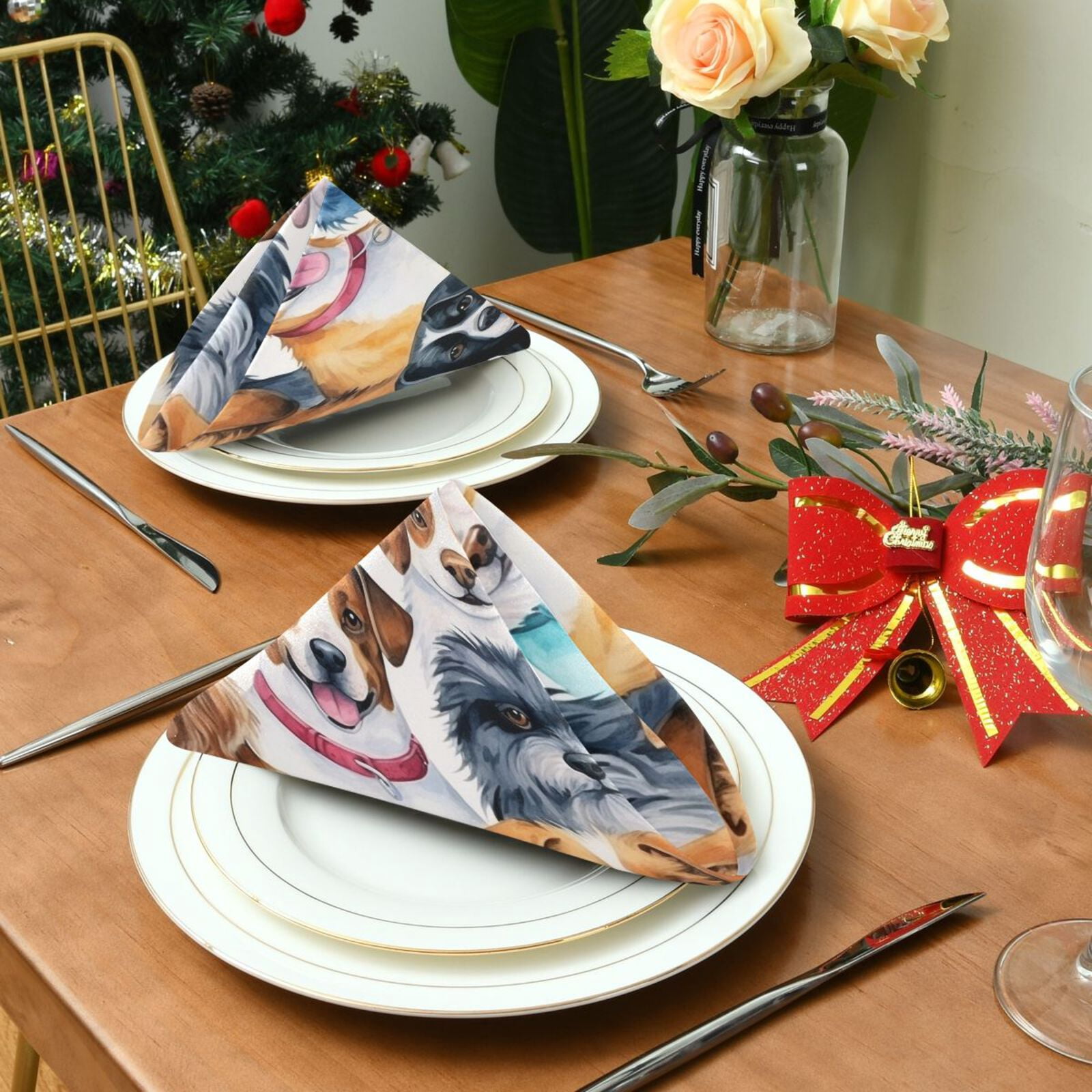 JSTEL Cute Dogs Puppy Prints Watercolor Cloth Napkins Set of 6, 20x20 Inch Washable and Reusable Napkin for Decoupage Dinner Party Everyday Use