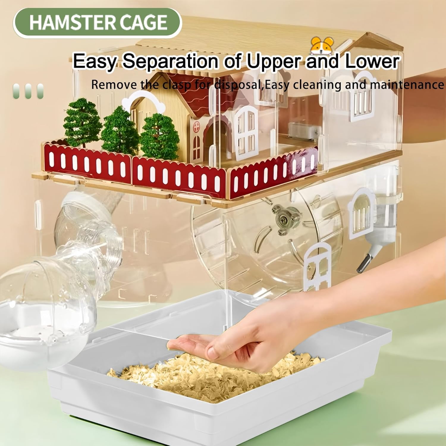 12 in 1 Clear Acrylic Hamster Cage with All Accessories,13.5''L* 10''W* 15''H Dwarf Hamster Cage,Magnetic Connection Small Hamster Enclosure,Garden Style Wooden Mouse Cage for Pet Mice