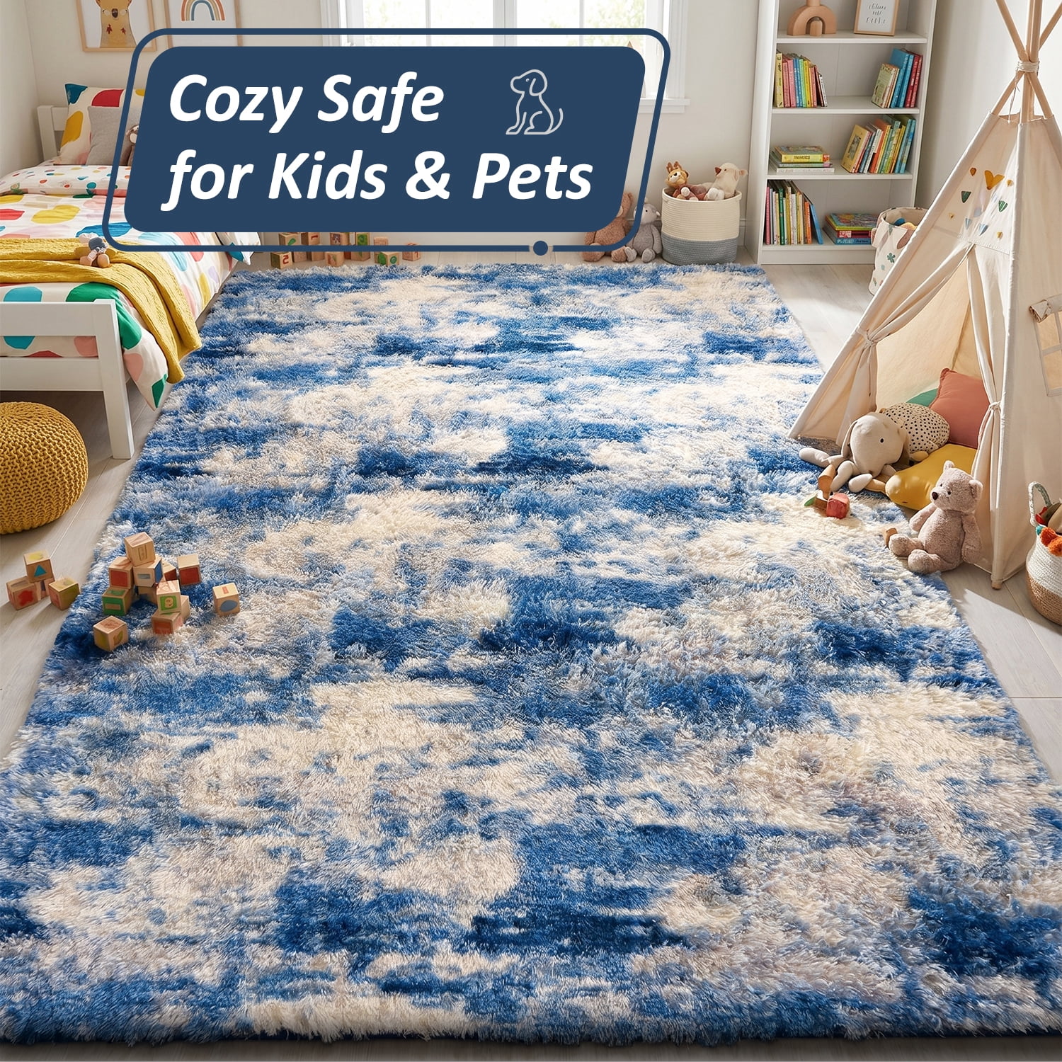 Pentantan 8ft x 10ft Shag Area Rug, Soft Fluffy Rugs for Living Room Bedroom, Modern Tie-dye Home Carpet, Blue