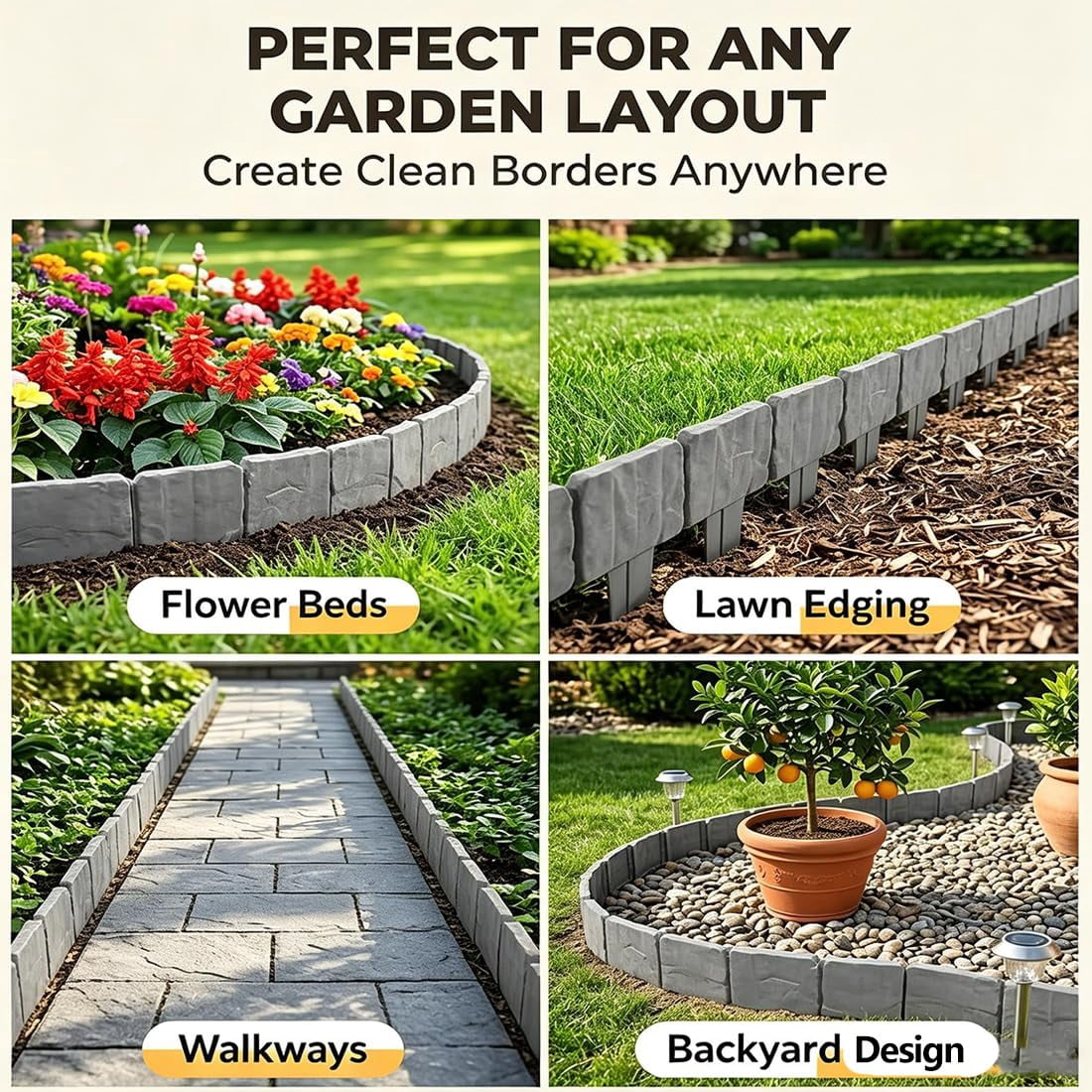 Plastic Garden Retaining Fence with Stakes, No Dig Plastic Garden Edging Border, Interlocking Imitation Stone Garden Fence with Shovel for Flower Bed, Outdoor Yard Patio