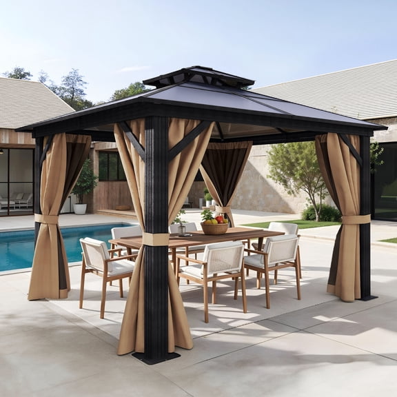 Dextrus 10x10ft Double Roof Hardtop Gazebo with Netting and Shaded Curtains, Outdoor Aluminum Frame Polycarbonate Canopy, Garden Tent for Patio, Backyard, Black&Brown