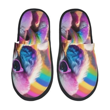 Balery Rainbow Poodle Urban Street Slient Indoor Furry Fleece Comfort House Shoes Soft Non-Slip Home Shoes Cotton slippers House Slippers-- Large