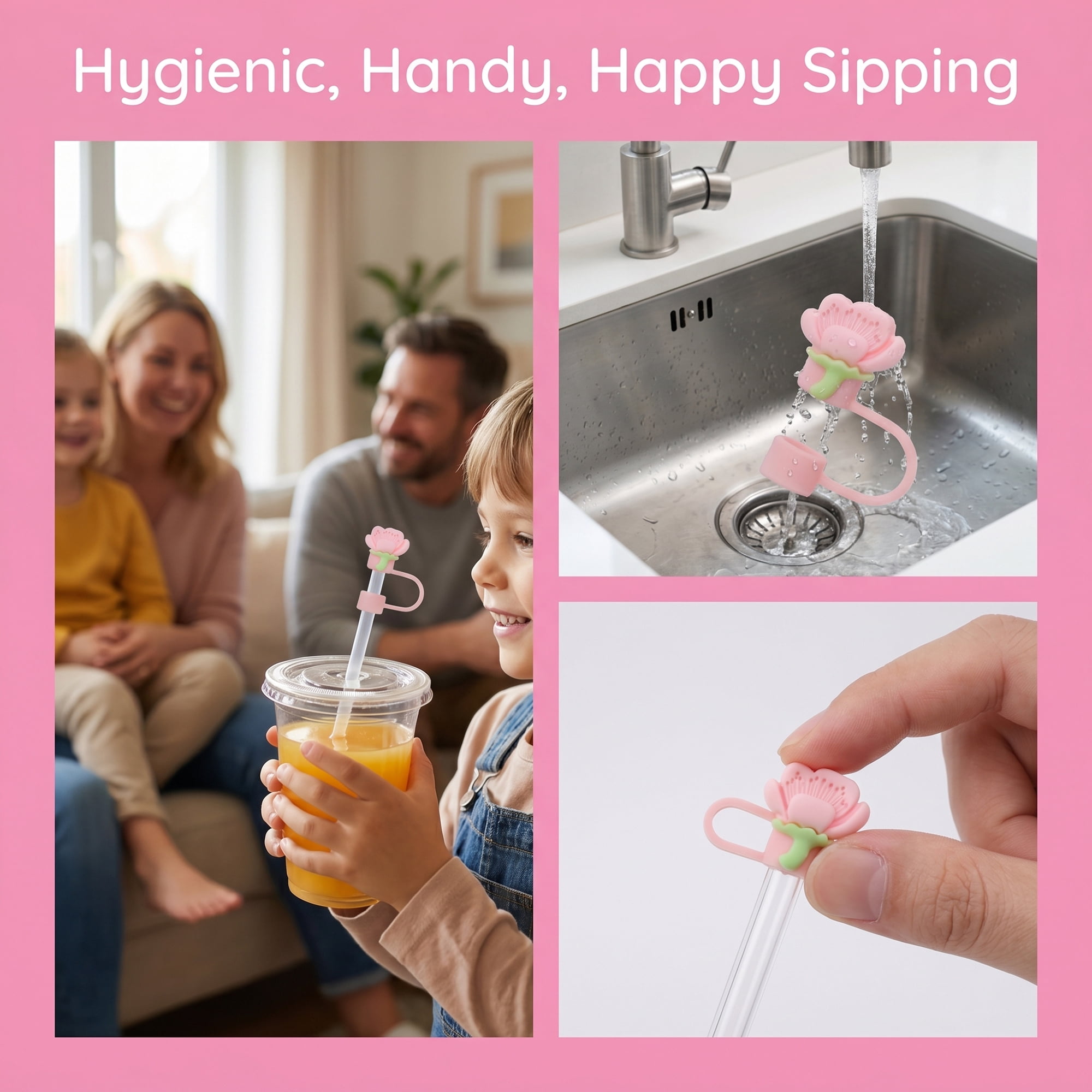 Unique Bargains 2Pcs Floral Silicone Straw Caps Reusable Dust-Proof Toppers Pink B