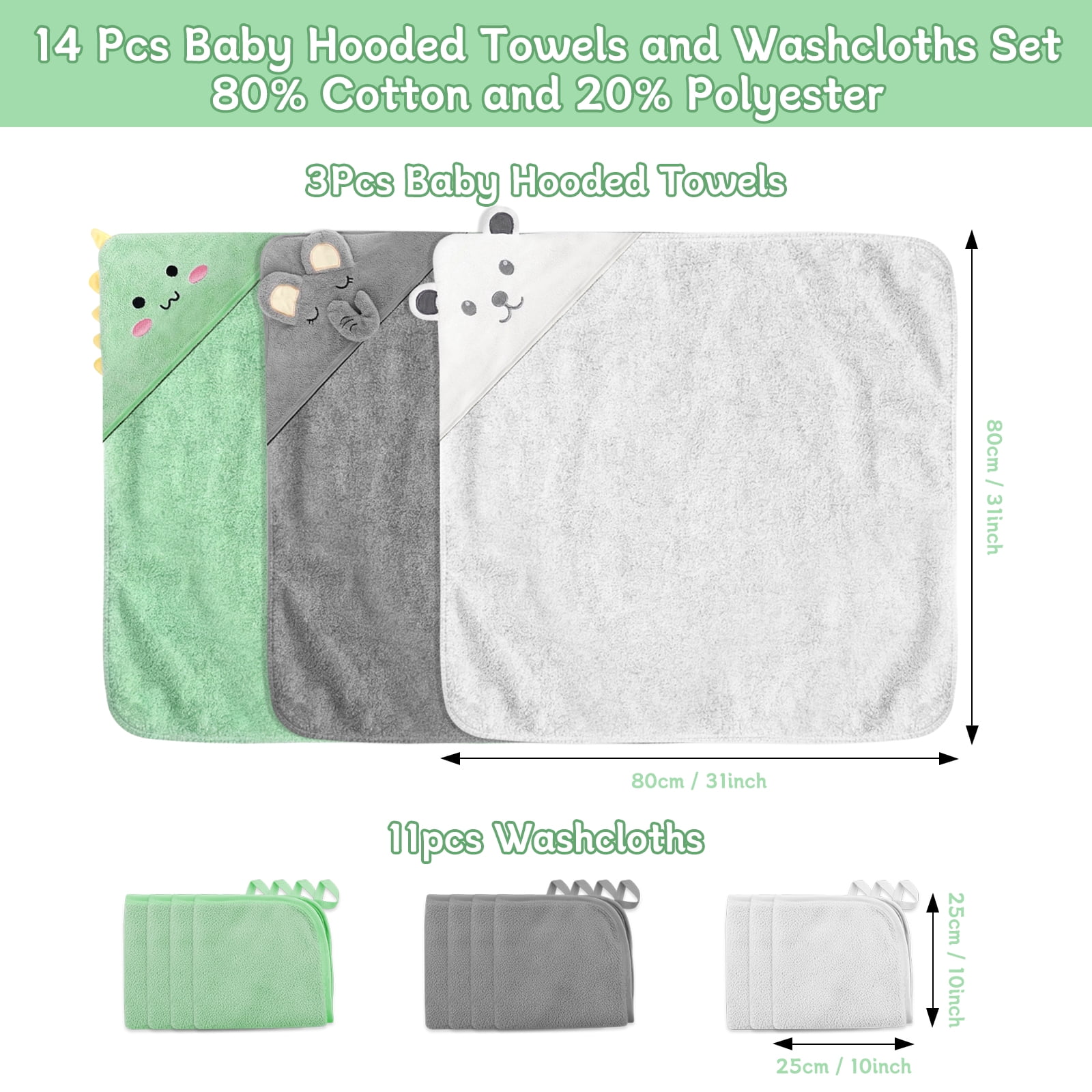 14 PCS Baby Towels, 3 PCS Soft Hooded Baby Towels & 11 PCS Washcloths, Baby Bath Towels for Newborns, Infants & Toddlers- Ultra Absorbent, Cute Baby Towel Gift for Boys