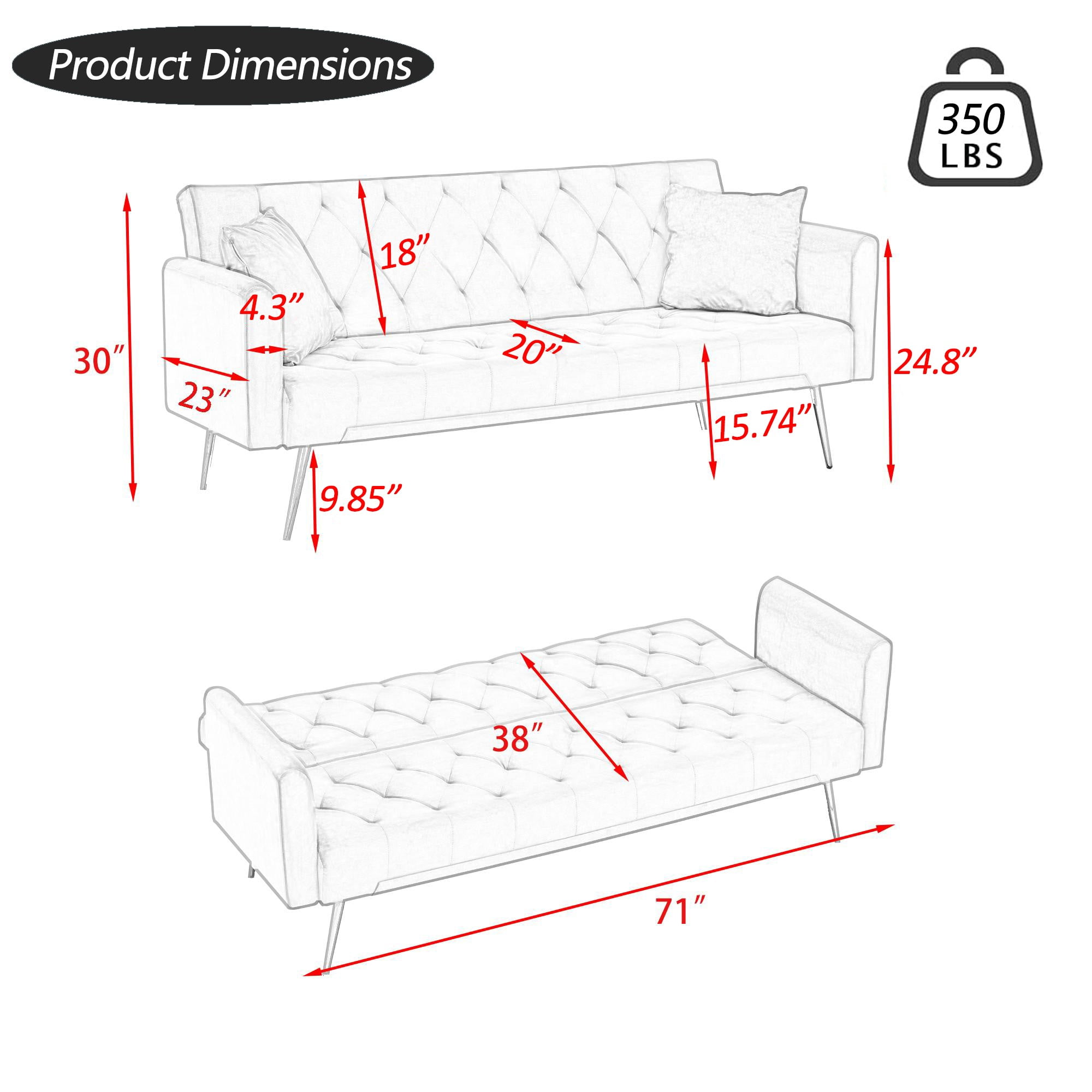 Jopath Velvet Futon Sofa Bed,Convertible Sleeper Couchwith Adjustable Backres & 2 Pillows for Small Spaces,Living Room,Black03
