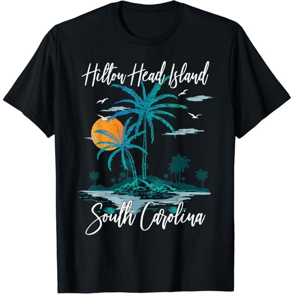 Retro Hilton Head Island South Carolina Beach Vacation T-Shirt Vintage Palm Tree Summer Souvenir Graphic Tee for Men and Women