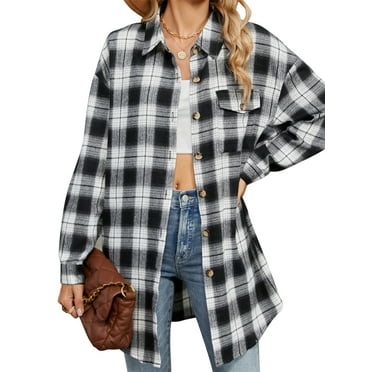 TEMOFON Women Button Down Shirts Casual Flannel Long Sleeves Plaid Tops Lapel Collared Loose Tunic Tops for Women with Pocket Size S