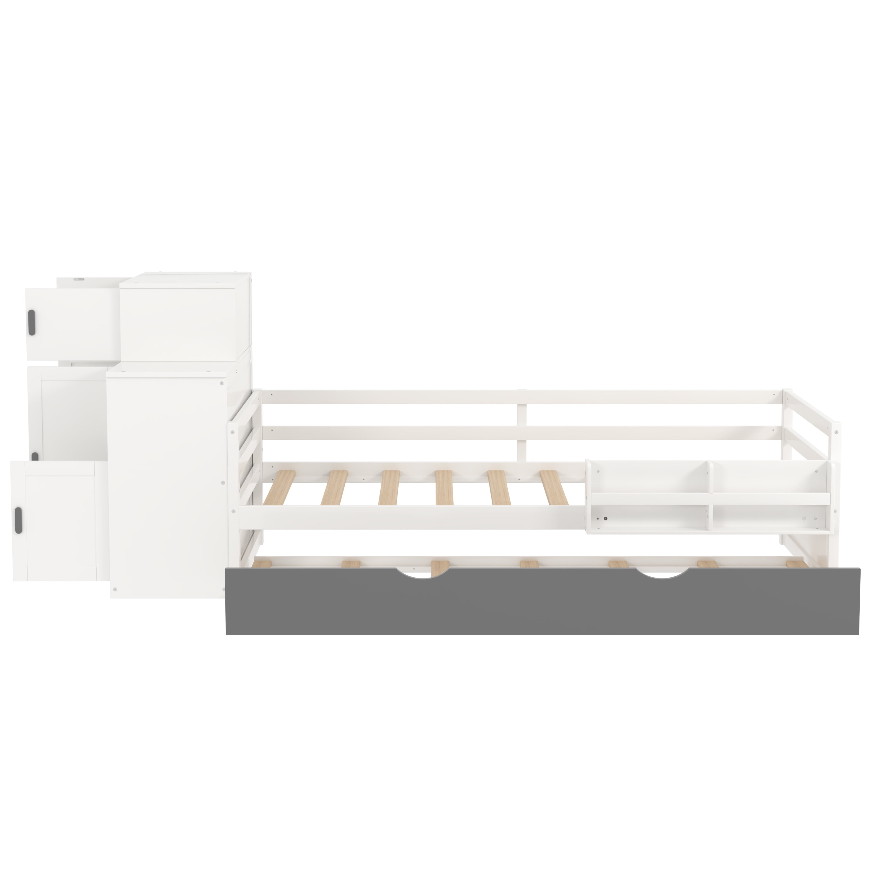 Euroco Wood Twin Size Daybed with Trundle, Storage Bed with Bookcase and Wardrobe, White