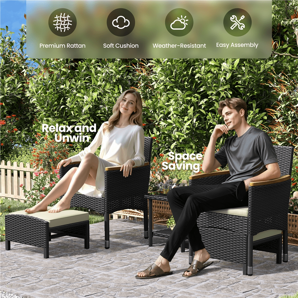 Renwick 5-Piece Outdoor Conversation Set with Chairs, Ottomans, Coffee Table, Black/Beige
