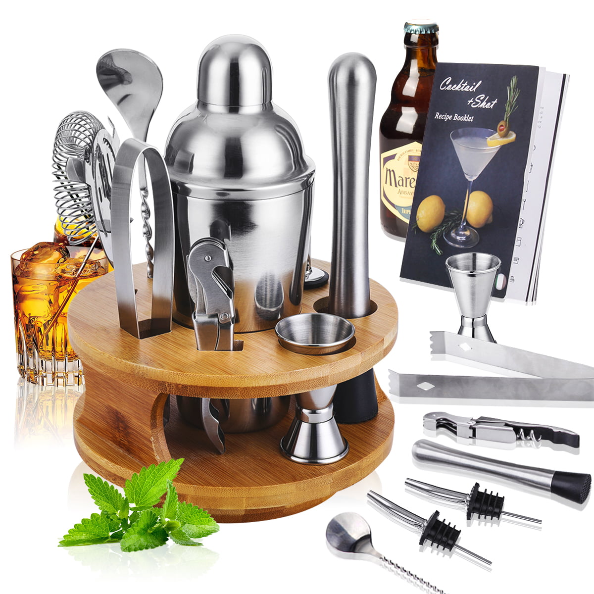 Stock Harbor 8 Piece Stainless Steel Bartender Set with Curved Bamboo Base 