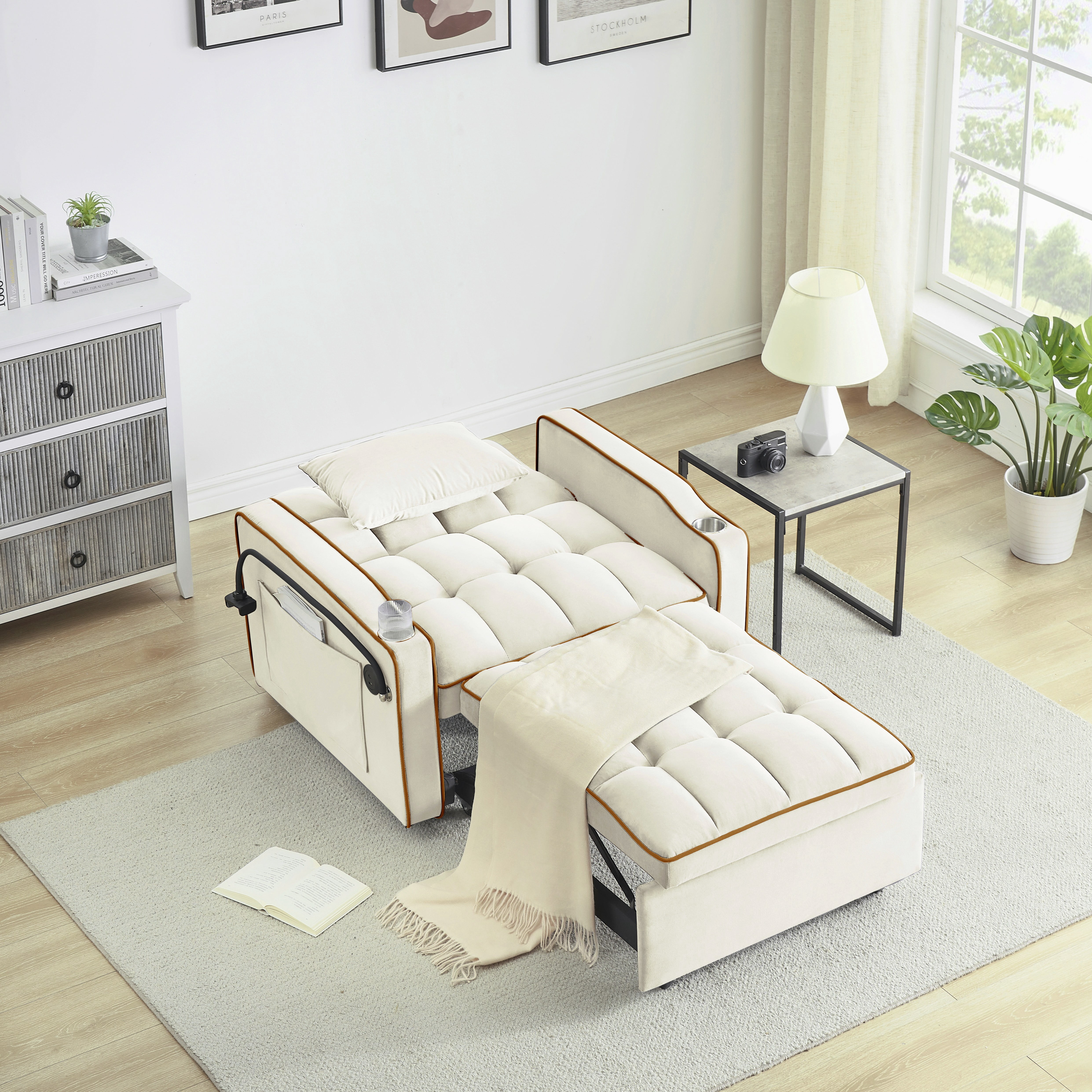 avobird 3 in 1 Convertible Chair Bed Sleeper, Pull Out Sofa Bed With adjustable back/USB port/ashtray/swivel phone stand, Beige Lines