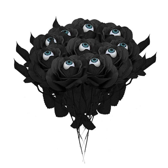 Ikeay 10Pcs Halloween Eyeball Artificial Flowers, Gothic Rose Stems with Creepy Eyeballs, Diy Bouquet Arrangements, Party Home Decor, Realistic Spooky Floral Bundles Black
