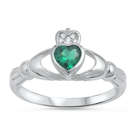 Emerald Claddagh Ring - Sterling Silver Women's Flawless Simulated Emerald Cubic Zirconia Friendship Claddagh Heart Ring (Sizes 4-10) (Ring Size 10)