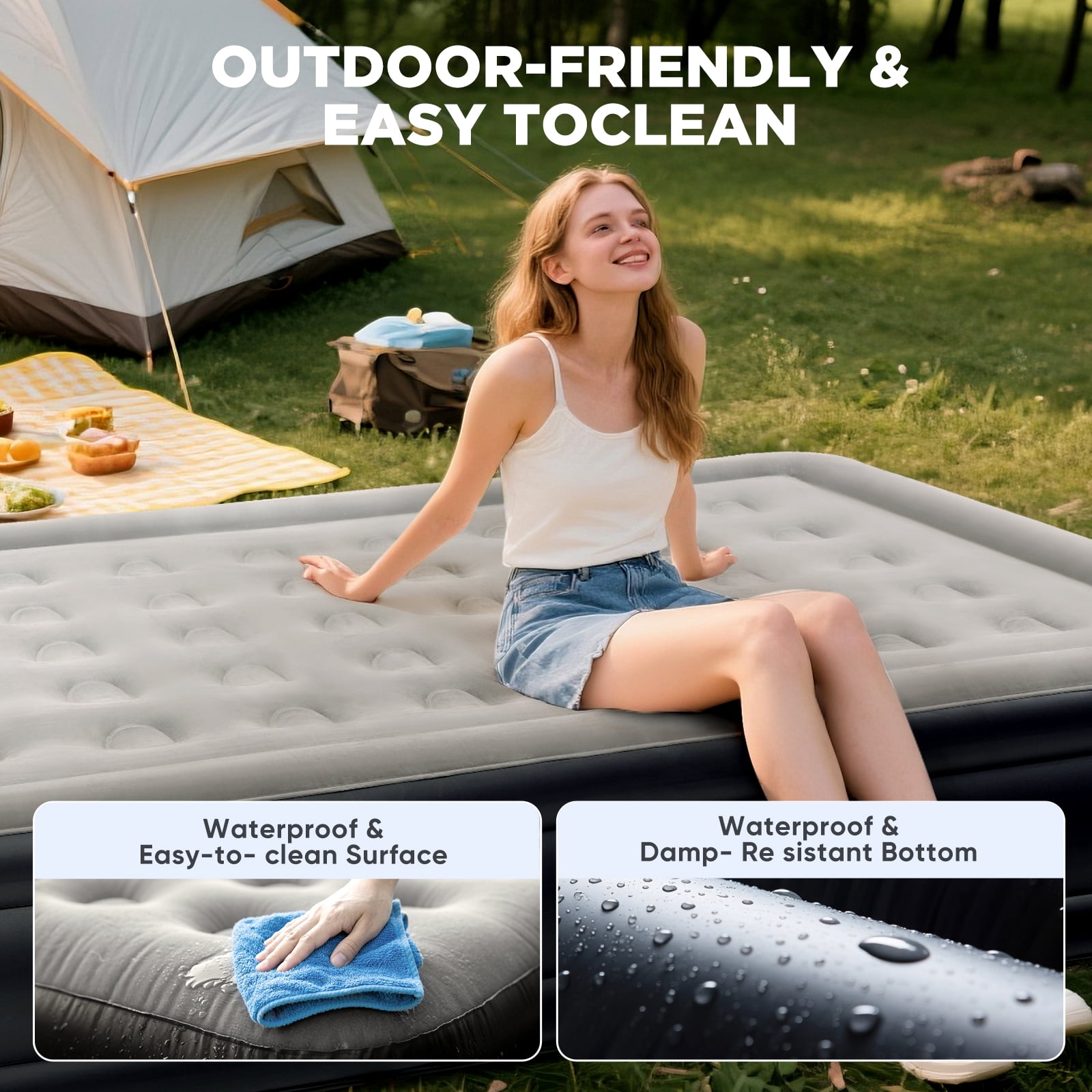 EGGORY 34" Queen Size Air Mattress with Headboard,Deluxe Raised Air Bed  with Built-in Pump for Camping & Trip & Home