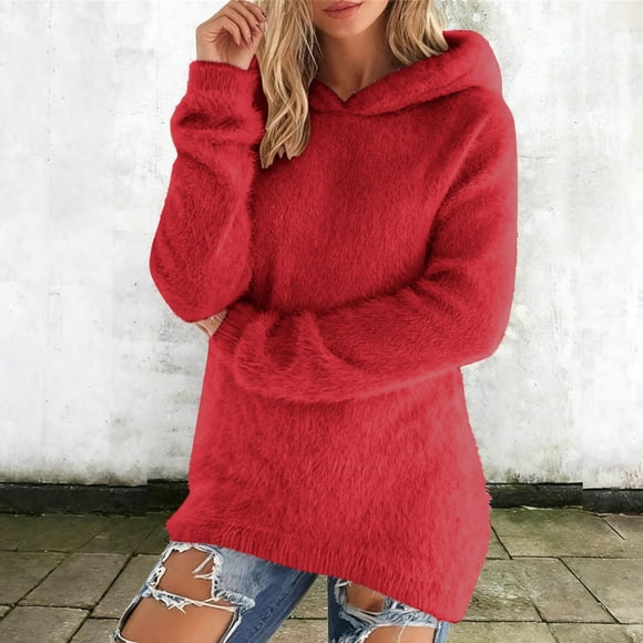 Craaazy Women's Cozy Fuzzy Hoodies Oversized Long Sleeve Pullover Long Tops Gifts