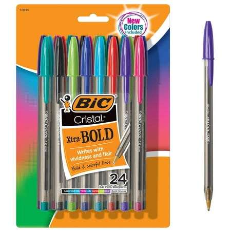 BIC Cristal Xtra Bold Ballpoint Stick Pens, Bold Point 1.6 mm, Fashion Assorted Ink, 24 Pack