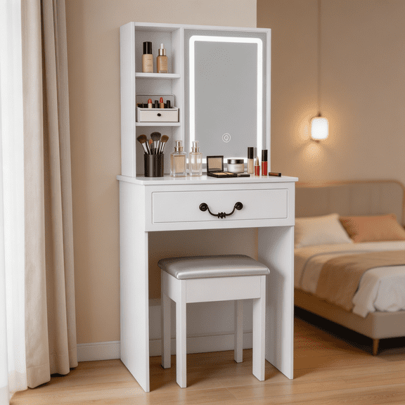 SAYGOGO Compact Vanity Desk with LED Mirror & Adjustable Lights, Hidden Storage & Stool, White for Small Spaces