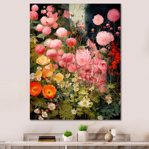 Designart "Enigmatic Pink and Green Garden Flowers IV" Abstract Canvas Wall Art - Modern Pink Tachisme Entryway Wall Art